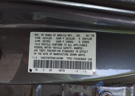 2009 Honda Accord 2.4 Ex z USA, uszkodzony, nr VIN 1HGCP26759A146380